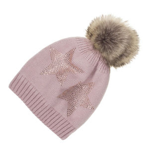 Faux fur pom C.C Beanie with rhinestone star